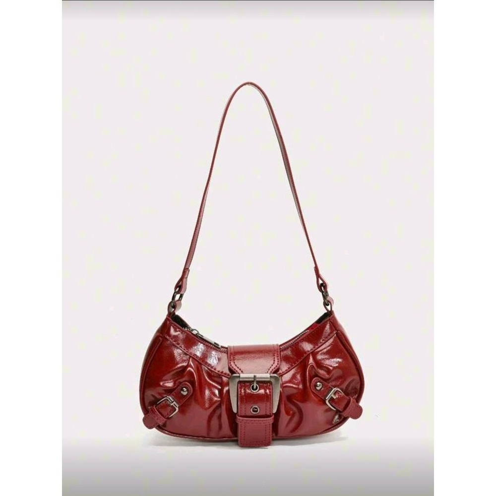Red Patent Faux Leather Y2K Shoulder‎ Bag with Heart Mirror & Buckle Detail